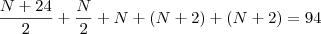 \frac{N + 24}{2} + \frac{N}{2} + N + (N + 2) + (N + 2) = 94 \frac{N + 24}{2} + \frac{N}{2} + N + (N + 2) + (N + 2) = 94