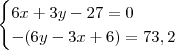 \begin{cases}
6x + 3y - 27 = 0 \\
-(6y - 3x + 6) = 73,2
\end{cases} \begin{cases}
6x + 3y - 27 = 0 \\
-(6y - 3x + 6) = 73,2
\end{cases}