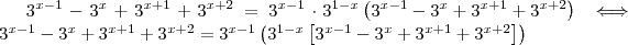 3^{x-1} - 3^x + 3^{x+1} + 3^{x+2}  =  3^{x-1} \cdot 3^{1-x} \left( 3^{x-1} - 3^x + 3^{x+1} + 3^{x+2} \right) \iff 3^{x-1} - 3^x + 3^{x+1} + 3^{x+2} =  3^{x-1} \left( 3^{1-x}\left[ 3^{x-1} - 3^x + 3^{x+1} + 3^{x+2} \right] \right)