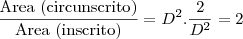 \frac{\mbox{Area (circunscrito)}}{\mbox{Area (inscrito)}} = {D^2}.\frac{2}{D^2} = 2