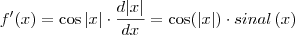 f'(x) = \cos |x| \cdot \frac{d |x|}{dx} = \cos (|x|) \cdot sinal\,(x)