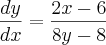 \frac{dy}{dx}=\frac{2x-6}{8y-8}