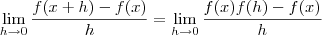 \lim_{h \to 0} \frac{f(x+h)-f(x)}{h}= 
\lim_{h \to 0} \frac{f(x)f(h)-f(x)}{h}