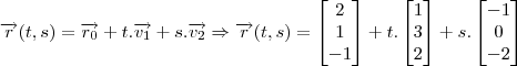 \overrightarrow{r}(t,s)=\overrightarrow{r_{0}}+t.\overrightarrow{v_{1}}+s. \overrightarrow{v_{2}}\Rightarrow \overrightarrow{r}(t,s) = \begin{bmatrix}
2\\ 
1\\ 
-1
\end{bmatrix}+ t.\begin{bmatrix}
1\\ 
3\\ 
2
\end{bmatrix}+s.\begin{bmatrix}
-1\\ 
0\\ 
-2
\end{bmatrix}