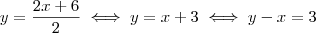 y = \frac{2x+6}{2} \iff y = x + 3 \iff y-x = 3 y = \frac{2x+6}{2} \iff y = x + 3 \iff y-x = 3
