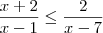 \frac{x+2}{x-1} \leq \frac{2}{x-7} \frac{x+2}{x-1} \leq \frac{2}{x-7}
