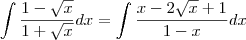 \int \frac{1-\sqrt{x}}{1+\sqrt{x}}dx=\int \frac{x-2\sqrt{x}+1}{1-x}dx