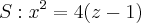 S: {x}^{2} = 4(z-1)