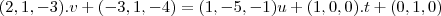 (2,1,-3).v+(-3,1,-4)=(1,-5,-1)u+(1,0,0).t+(0,1,0)