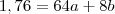 1,76=64a+8b