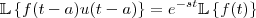 \mathbb{L}\left \{ f(t-a)u(t-a) \right \} ={e}^{-st}\mathbb{L}\left \{ f(t) \right \}
