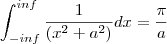 \int_{-inf}^{inf} \frac{1}{(x^2+a^2)} dx = \frac{\pi}{a}