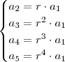 \begin{cases} a_2 = r \cdot a_1 \\ a_3 = r^2 \cdot a_1 \\ a_4 = r^3 \cdot a_1 \\ a_5 = r^4 \cdot a_1 \\\end{cases} \begin{cases} a_2 = r \cdot a_1 \\ a_3 = r^2 \cdot a_1 \\ a_4 = r^3 \cdot a_1 \\ a_5 = r^4 \cdot a_1 \\\end{cases}