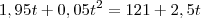 1,95t + 0,05t^2 = 121 + 2,5t 1,95t + 0,05t^2 = 121 + 2,5t