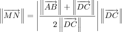 \left\|\overrightarrow{MN}\right\| = \left|\frac{\left\|\overrightarrow{AB}\right\| + \left\| \overrightarrow{DC}\right\|}{2\left\| \overrightarrow{DC}\right\|}\right| \left\|\overrightarrow{DC}\right\|