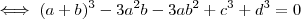 \iff (a+b)^3 - 3a^2b -3ab^2 +c^3+d^3  =  0