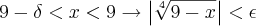 9-\delta<x<9 \rightarrow \left| \sqrt[4]{9-x} \right|<\epsilon