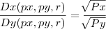 \frac{Dx(px,py,r)}{Dy(px,py,r)}=\frac{\sqrt[]{Px}}{\sqrt[]{Py}}