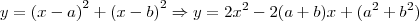y={\left(x-a \right)}^{2}+{\left(x-b \right)}^{2} \Rightarrow y = 2x^2 - 2(a + b)x + (a^2+b^2) y={\left(x-a \right)}^{2}+{\left(x-b \right)}^{2} \Rightarrow y = 2x^2 - 2(a + b)x + (a^2+b^2)
