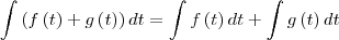 \int \left (f\left ( t \right )+g\left ( t \right ) \right ) dt = \int f\left ( t \right )dt+ \int g\left ( t \right )dt \int \left (f\left ( t \right )+g\left ( t \right ) \right ) dt = \int f\left ( t \right )dt+ \int g\left ( t \right )dt