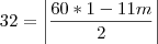 32=\left|\frac{60*1-11m}{2} \right| 32=\left|\frac{60*1-11m}{2} \right|