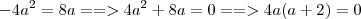 - 4a^2 = 8a ==> 4a^2 + 8a = 0 ==> 4a(a + 2) = 0