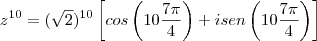 z^{10}=(\sqrt{2})^{10}\left[cos\left(10 \frac{7 \pi}{4} \right) + i sen \left(10 \frac{7 \pi}{4}\right) \right]
