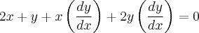 2x+y+x\left(\frac{dy}{dx} \right)+2y\left(\frac{dy}{dx}\right)=0 2x+y+x\left(\frac{dy}{dx} \right)+2y\left(\frac{dy}{dx}\right)=0