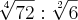 \sqrt[4]{72} : \sqrt[2]{6}