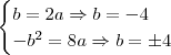\begin{cases}b = 2a  \Rightarrow  b = - 4 \\ - b^2 = 8a \Rightarrow b = \pm 4 \end{cases}