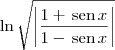 \ln\sqrt{\left|\frac{1+\,\textrm{sen}\,x}{1-\,\textrm{sen}\,x}\right|}