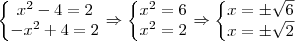 \left\{\begin{matrix}
x^2-4 =2\\
-x^2+4 = 2
\end{matrix}\right \Rightarrow \left\{\begin{matrix}
x^2=6\\
x^2=2
\end{matrix}\right \Rightarrow \left\{\begin{matrix}
x=\pm \sqrt{6}\\
x= \pm \sqrt{2}
\end{matrix}\right \left\{\begin{matrix}
x^2-4 =2\\
-x^2+4 = 2
\end{matrix}\right \Rightarrow \left\{\begin{matrix}
x^2=6\\
x^2=2
\end{matrix}\right \Rightarrow \left\{\begin{matrix}
x=\pm \sqrt{6}\\
x= \pm \sqrt{2}
\end{matrix}\right