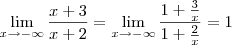\lim_{x\to -\infty} \frac{x + 3}{x + 2} = \lim_{x\to -\infty} \frac{1 + \frac{3}{x}}{1 + \frac{2}{x}} = 1