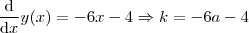 \frac{\mathrm{d} }{\mathrm{d} x}y(x) = -6x-4 \Rightarrow k=-6a-4 \frac{\mathrm{d} }{\mathrm{d} x}y(x) = -6x-4 \Rightarrow k=-6a-4