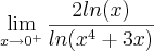 \lim_{x\rightarrow0^+}\frac{2ln(x)}{ln(x^4 + 3x)} \lim_{x\rightarrow0^+}\frac{2ln(x)}{ln(x^4 + 3x)}