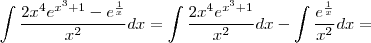 \int \frac{2x^{4} e^{x^3 + 1} - e^{\frac{1}{x}}}{x^{2}} dx = \int \frac{2x^{4} e^{x^3 + 1}}{x^{2}} dx - \int \frac{e^{\frac{1}{x}}}{x^{2}} dx =