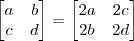 \begin{bmatrix}a&b\\c&d\end{bmatrix}=\begin{bmatrix}2a&2c\\2b&2d\end{bmatrix}