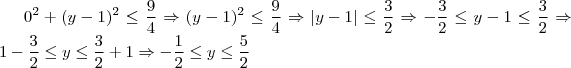 0^2+(y-1)^2 \leq \frac{9}{4} \Rightarrow (y-1)^2 \leq \frac{9}{4} \Rightarrow \left | y-1 \right | \leq \frac{3}{2} \Rightarrow - \frac{3}{2} \leq  y-1 \leq \frac{3}{2} \Rightarrow 1- \frac{3}{2} \leq  y \leq \frac{3}{2}+1 \Rightarrow -\frac{1}{2} \leq y \leq \frac{5}{2}