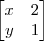 \begin{bmatrix}
x & 2 \\
y & 1 \\
\end{bmatrix} \begin{bmatrix}
x & 2 \\
y & 1 \\
\end{bmatrix}