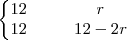 \left\{
\begin{matrix}
12 & \;\;\; & r \\
12 & \;\;\; & 12-2r
\end{matrix}
\right. \left\{
\begin{matrix}
12 & \;\;\; & r \\
12 & \;\;\; & 12-2r
\end{matrix}
\right.