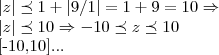 \left|z \right|\preceq 1+\left|9/1 \right|=1+9=10\Rightarrow

\left|z \right|\preceq 10\Rightarrow -10\preceq z \preceq 10

[-10,10]...