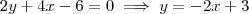 2y+4x-6=0  \implies  y =  - 2x + 3