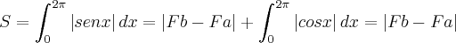 S=\int_{0}^{2\pi}\left| senx \right| dx= \left|Fb-Fa \right| + \int_{0}^{2\pi}\left| cosx \right| dx= \left|Fb-Fa \right| S=\int_{0}^{2\pi}\left| senx \right| dx= \left|Fb-Fa \right| + \int_{0}^{2\pi}\left| cosx \right| dx= \left|Fb-Fa \right|