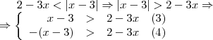 2-3x<|x-3| \Rightarrow |x-3|>2-3x \Rightarrow \\ \Rightarrow \left \{\begin{array}{rclc}
x-3 & > & 2-3x &(3)\\
-(x-3) & > & 2-3x &(4)\\
\end{array}\right