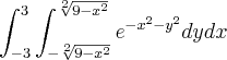 \int_{-3}^{3}\int_{-\sqrt[2]{9-x^2}}^{\sqrt[2]{9-x^2}}{e}^{-x^2-y^2} dy dx