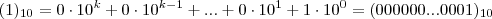 (1)_{10} = 0 \cdot 10^k + 0 \cdot 10^{k-1} + ... + 0 \cdot 10^{1} + 1 \cdot 10^0 = ( 000000 ... 0001)_{10} (1)_{10} = 0 \cdot 10^k + 0 \cdot 10^{k-1} + ... + 0 \cdot 10^{1} + 1 \cdot 10^0 = ( 000000 ... 0001)_{10}
