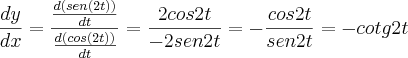 \frac{dy}{dx}=\frac{\frac{d(sen(2t))}{dt}}{\frac{d(cos(2t))}{dt}}=\frac{2cos2t}{-2sen2t}=-\frac{cos2t}{sen2t}=-cotg 2t