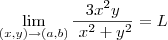 \lim_{\((x,y)\to(a,b)}\frac{3x^2y}{\ x^2+y^2}=L \lim_{\((x,y)\to(a,b)}\frac{3x^2y}{\ x^2+y^2}=L