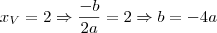 x_V=2\Rightarrow \frac{-b}{2a}=2\Rightarrow b=-4a