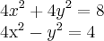 4{x}^{2}+4{y}^{2}=8
4{x}^{2}-{y}^{2}=4 4{x}^{2}+4{y}^{2}=8
4{x}^{2}-{y}^{2}=4